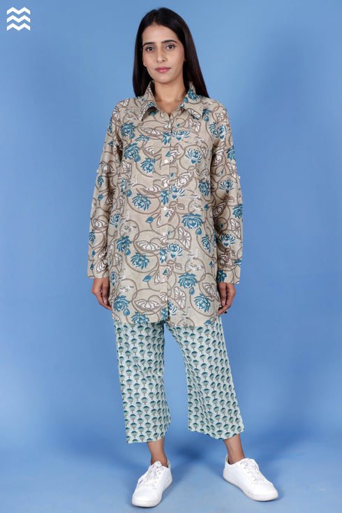 Cotton Silk Oversized Boyfriend Shirt In Floral Block Print
